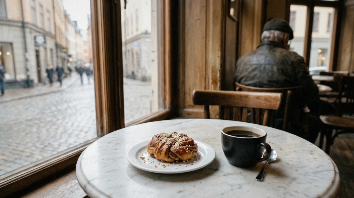 A cinnamon and cardamom kanelbulle bun with coffee, the fika stop on a Stockholm food tour