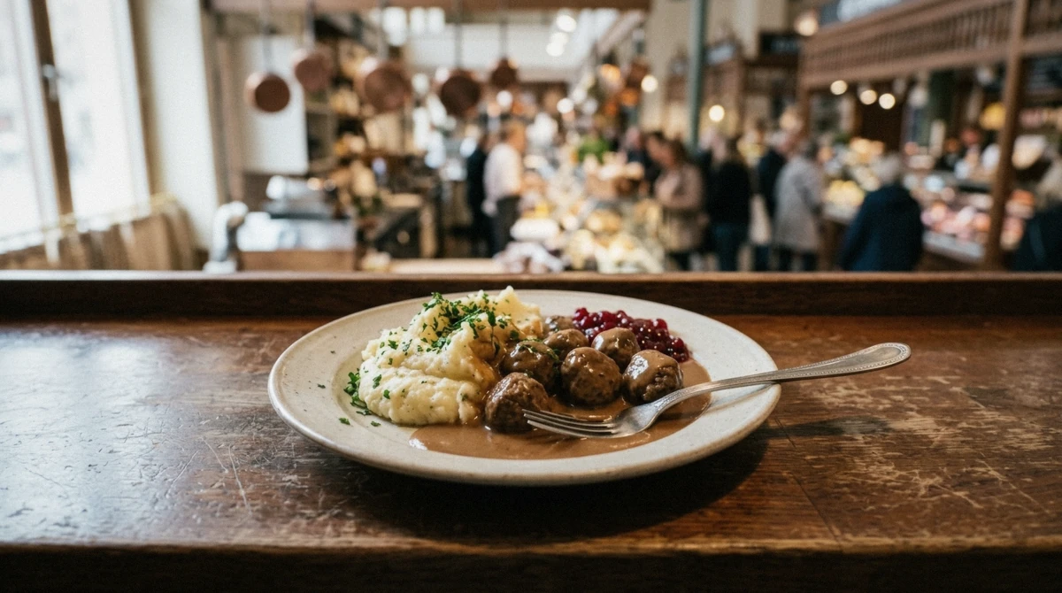 A plate of Swedish meatballs with lingonberry jam and pickled cucumber, a dish served on a food tour in Stockholm