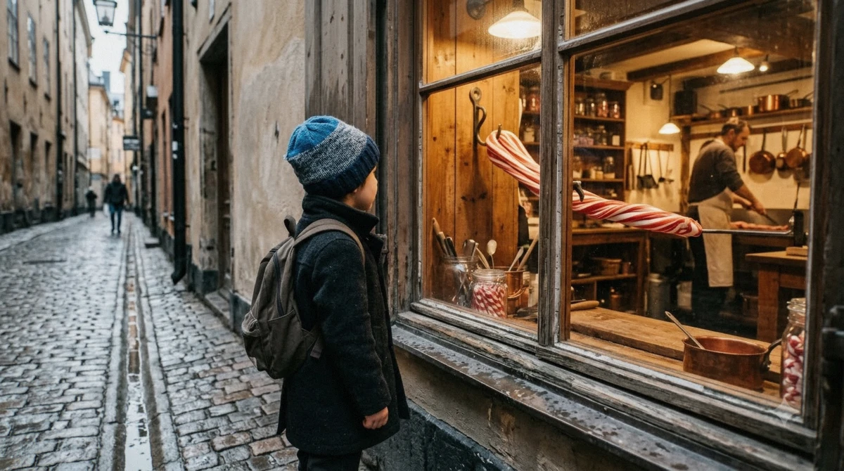 A child watching handcrafted peppermint candy being made in the Old Town on a Stockholm food tour with kids