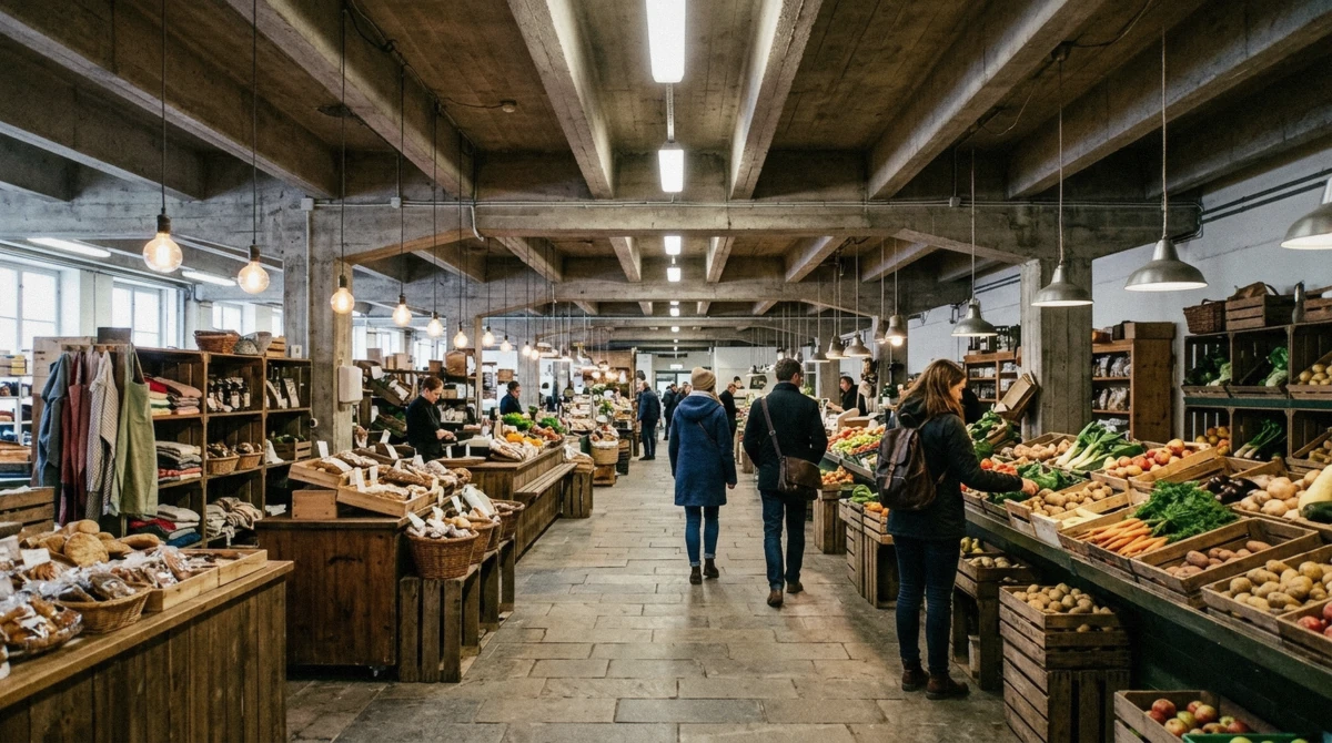 Interior of Hötorgshallen food hall in Stockholm with market stalls, a self-guided stop without a tour