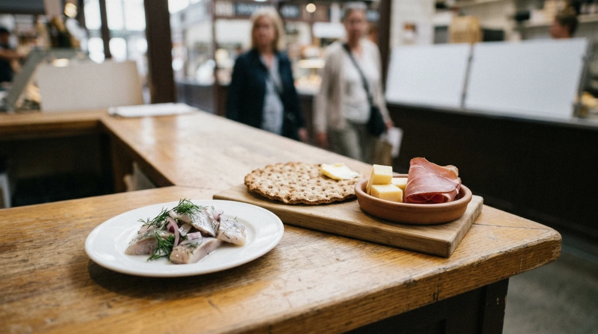 A spread of Swedish tastings on a food hall counter during a food tour in Stockholm, Sweden